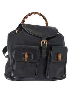 GUCCI Bamboo Backpack Leather Black Gold 003 2058 0016